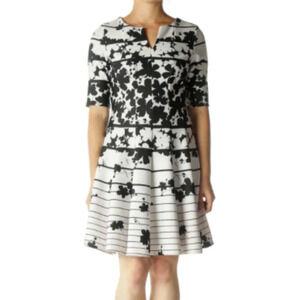 Julian Taylor Black White Preppy Floral Print V-Neck Romantic Midi Dress Size 12